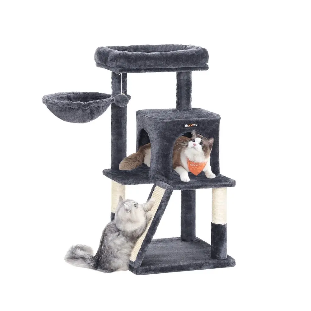 Feandrea Multi-Level Cat Tree Tower, 37.8in Height Cat Condo with Widened Perch, Sisal Scratching Posts, Ramp, 2-Door Cave & Hanging Hammock