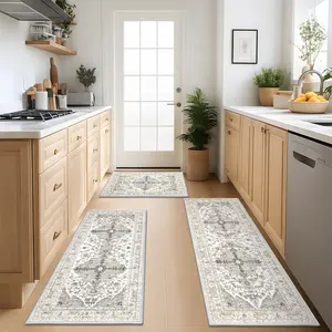 Yamaziot Boho Washable Kitchen Rugs Sets of 3, Non Slip Kitchen Mats for Floor with Rubber Backing, Waterproof & Stain Resistant Thick Carpet Runner Throw Rugs for Kitchen, Laundry Room, Hallway