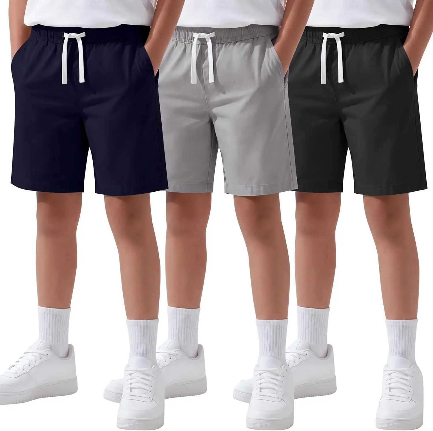3 Pack Boys Uniform School Shorts | Performance, Wear, Casual, Loose, Pull on, Summer, Elastic Waisted, with Pocket, Althetic, Soccer, Golf, Kids, Teens