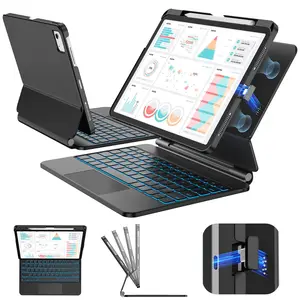 NAIDUN Keyboard Case for iPad, with 7-Color Backlight, Multi-Mode, Removable Carbon Fiber Back Case, Magnetic Floating Stand, Larger Trackpad
