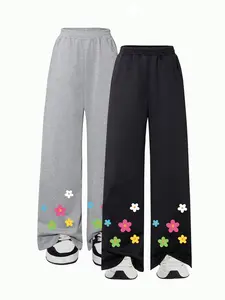Girl's Floral Print Sweatpants, Casual Comfy Trousers for Daily Wear, Kids Bottoms for All Seasons, Graphic Pants