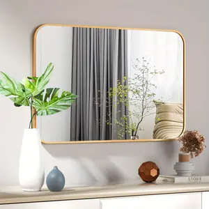 New Gold Contemporary Hanging Mirror - Unique Rounded Silhouette Large Rectangular Wall Mirror Durable Aluminum Alloy Frame Easy-Install Design - Perfect for Living Room Bedroom Bathroom Entryway Decor Glass Mount