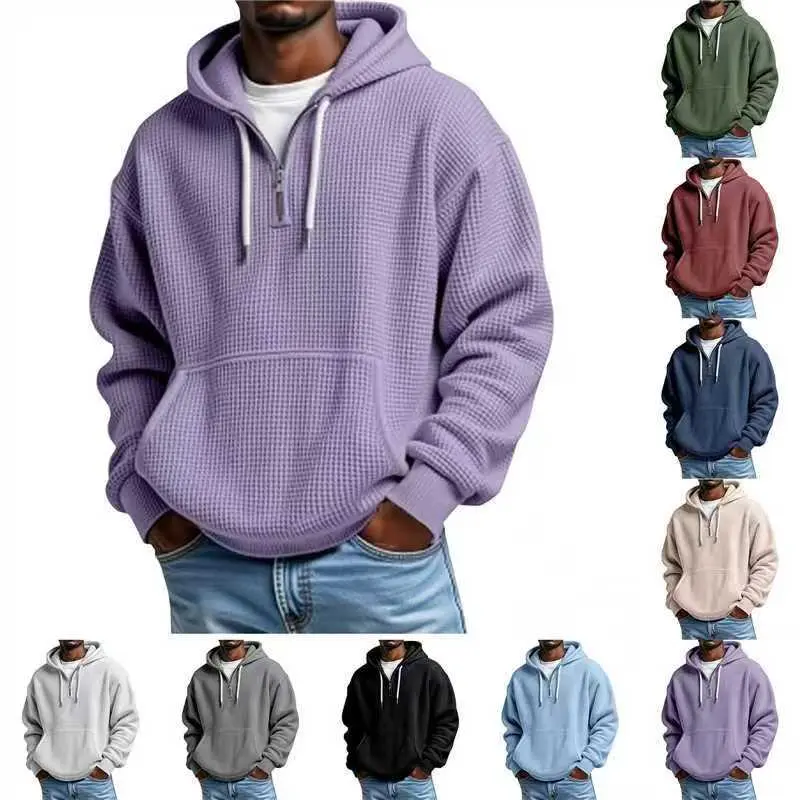 Heavy Trend Waffle Long Sleeve Hooded Sweater Men's Solid Color Loose Sports Casual Men's Clothing