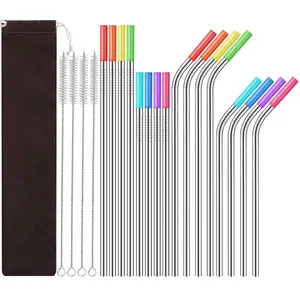 Stainless Steel Straw Set, Including Reusable Straws and Silicone Tips with Travel Case & Cleaning Brush, Drinking Utensils for 20 24 30 Oz Tumblers