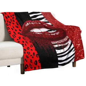 Lips Throw Blanket,Red Sparkling Black White Leopard Zebra Print Soft Warm Cozy Flannel Plush All Season Camping Company Double-Sided Office Chair Bedding Blankets, 40x50 in