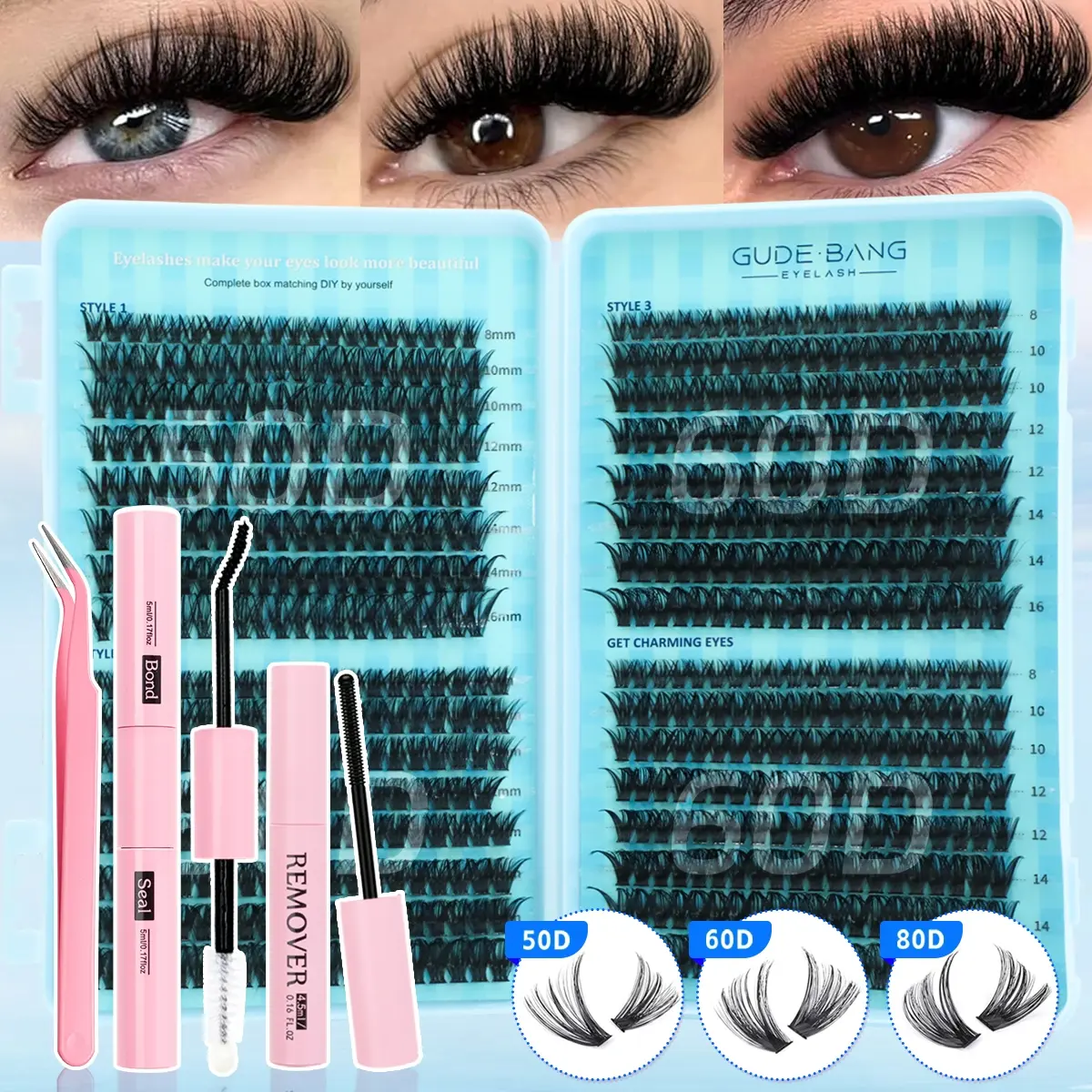 50D/60D/80D Volumized False Eyelashes Set, DIY Volume Eyelashes, Eyelash Extensions, Makeup, High Capacity, D Curl, Mixed Length, Includes Glue, Tweezers, Remover, DIY Lash Extension Kit