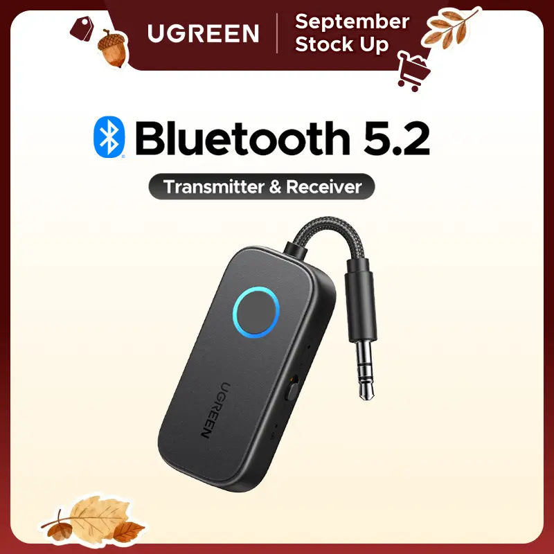 UGREEN Multifunction Dual Mode Bluetooth 5.2 3.5mm Audio Transmitter-Receiver Adapter, Headphone Accessory, Compatible with Airpods, TV, Vehicle, MP3 Devices, Ideal for Flight Use, 24 Months Warranty,tiktokshopstockup