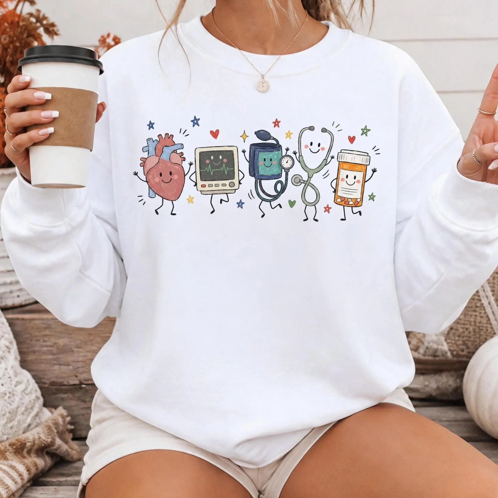 Cardiac Nurse Tops, Soft Fleece Sweatshirt & T-Shirt, Oversized Doodle Graphic Crewneck, Cozy Everyday Gift for Cardiologists, Round Neck, Breathable