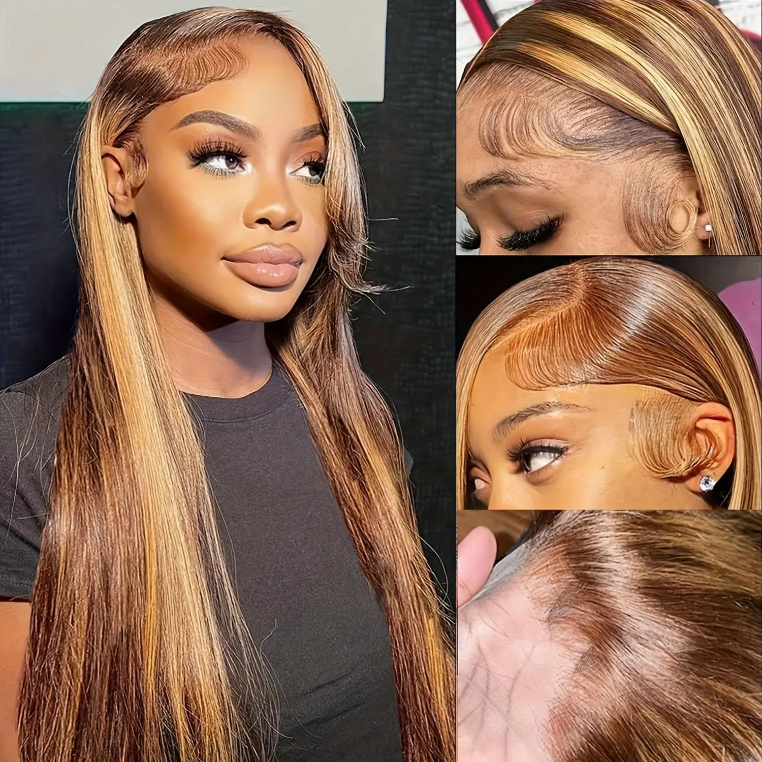 13x6 Ombre Highlight Lace Front Wigs Human Hair 427 13x4 Brazilian Virgin Human Hair Straight HD Lace Frontal Wigs For Women Pre Plucked Tiny Knots Natural Hairline With Baby Hair 12-36inch