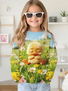 Light blue grass with little yellow duck digital printed long-sleeve crewneck drop-shoulder sweatshirt top T-shirt, long-sleeve T-shirt clothing for girls in spring and autumn, 100% polyester, the best gift for girls