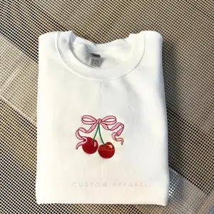 Cherry Bow Embroidered Sweatshirt, Cherry Bow Embroidered T Shirt, Bow Embroidery, Women's Embroidery Sweater, Women Embroidery T-Shirt EMB C