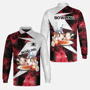 Personalized Name Bowling 3D  Long Sleeve Polo Shirt for Men Women Bowling Team