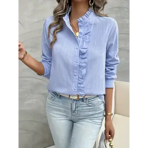 [Ruffle-Trim Viscose Blouse] Machine Washable Viscose Ruffle-Trim Button-Up Blouse for Women - Solid Color, Perfect for Business & Casual Wear