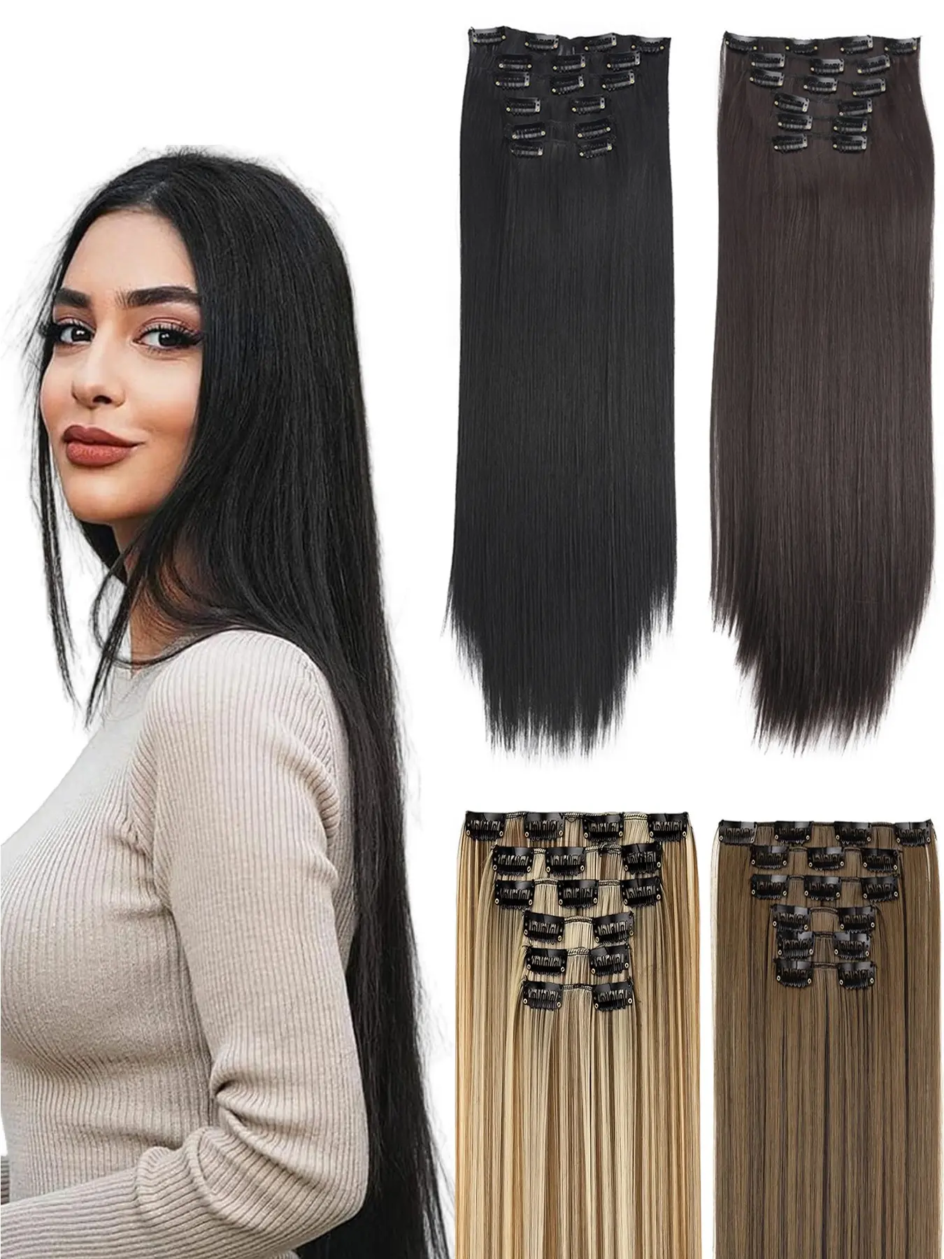 24 Inch Yaki Straight Human Hair Clip In Extensions 6 Piece Set