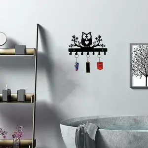 Metal Owl Key Hanger – Owl on Maple Trees Steel Key Holder | Wall Hanging Towel Rack and Coat Storage Rack | Stylish and Functional Organizer for Home Décor