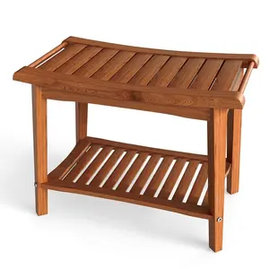 Bathroom Shower Bench, Waterproof Bamboo Stool with Storage, 300LBS Weight Capacity, 23.7"x12.9"x18.4", Non-Slip Footmat, Spa Chair for Bathtub, Chestnut Brown
