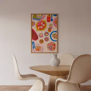 Flatlay Food In The Table Wall Art Poster, Colorful Wall Art, Still Life Illustration, Printable Art, Living Room Print