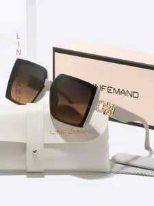 Linfemand Classic Trendy Square Large Frame Sunglasses, Rhinestone Decorated Temple Tips, Gradient Lenses, Holiday Gift Fashion Accessory, Square Frames Sunglasses