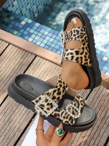 New Retro Leopard Print Dual Buckle Thick Sole Slippers, Women's Outdoor One-Strap Sandals, Chunky Heel Casual Flip Flops, Leopard Pattern Slippers
