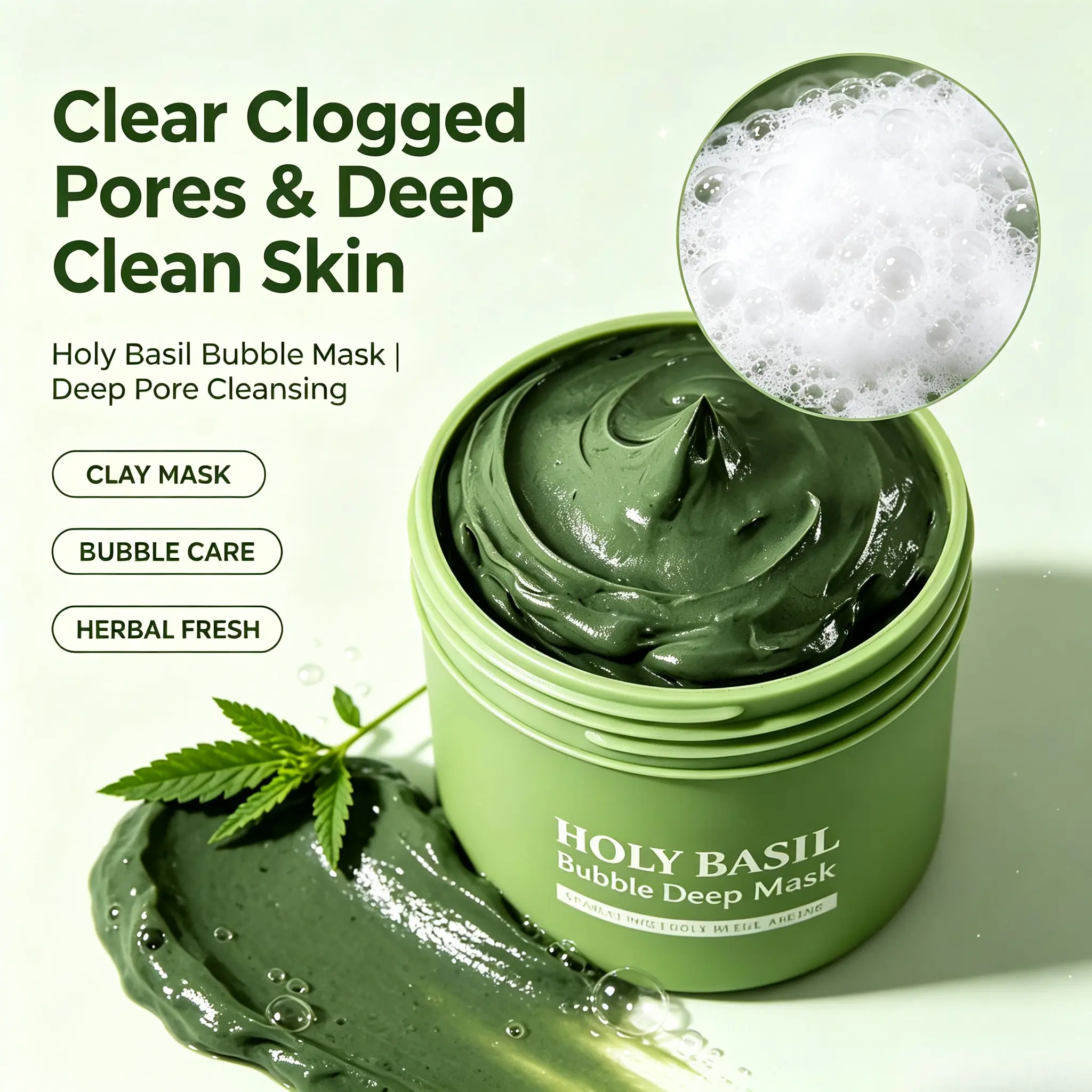 Holy Basil Bubble Cleansing Mask, Sparking Foam Mask, Deep Clean Clogged Pores, Oil Control Purifying Facial Mask