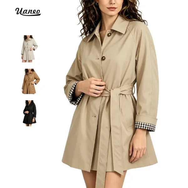 UANEO Womens Mid-Length Trench Coat Classic Lapel Casual Outerwear with Checkered Lining Office & Weekend Style