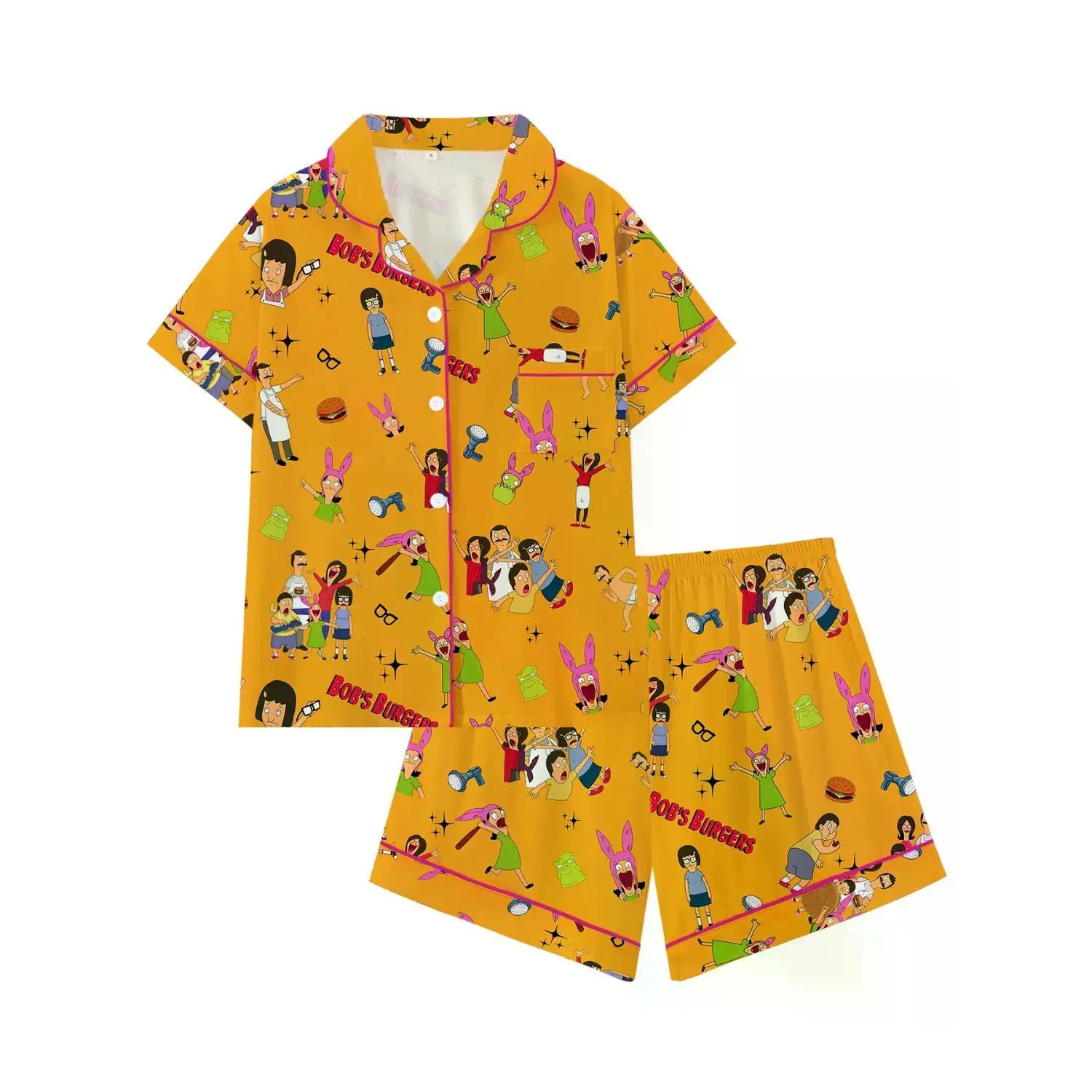 Bob's Burgers Family Adorable Collared Short-Sleeve Pajama Set - Comfortable All-Season Sleepwear, Fun Party-Style Loungewear, Perfect Homewear Gift