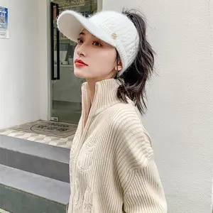 Knit Beanie Hat for Women High Bun Ponytail Skull Cap Stretch Winter Chunky Warm Visor Brim Crochet Hats