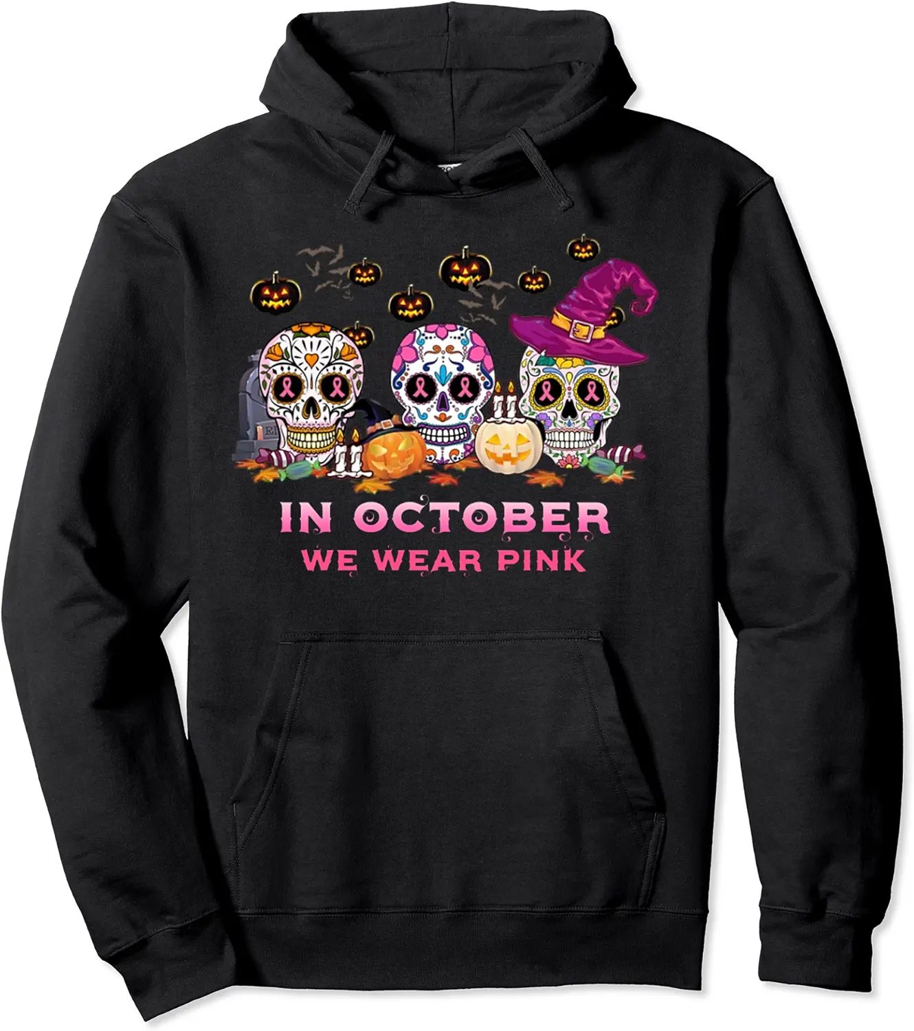 In October We Wear Breast Cancer Awareness Pink Sugar Skull Pullover Hoodie - Emilyschwe Shop 98B0BRC4NPKN