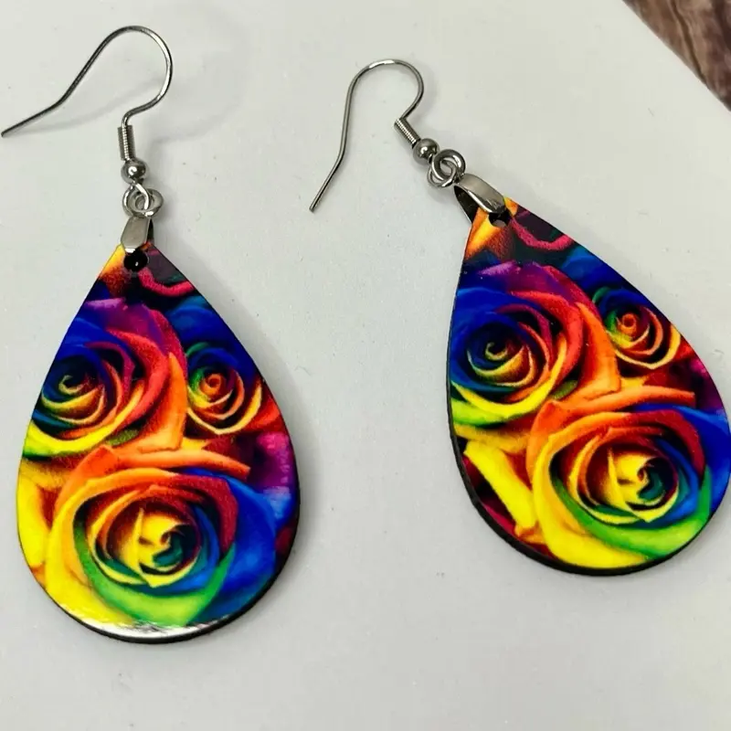 Mommamels Creations Sublimation MDF Tear Drop Earrings - Colorful Rose 3D Print, 1.5-Inch Length, Unisex, Sterling Silver Hooks, Double Sides Design