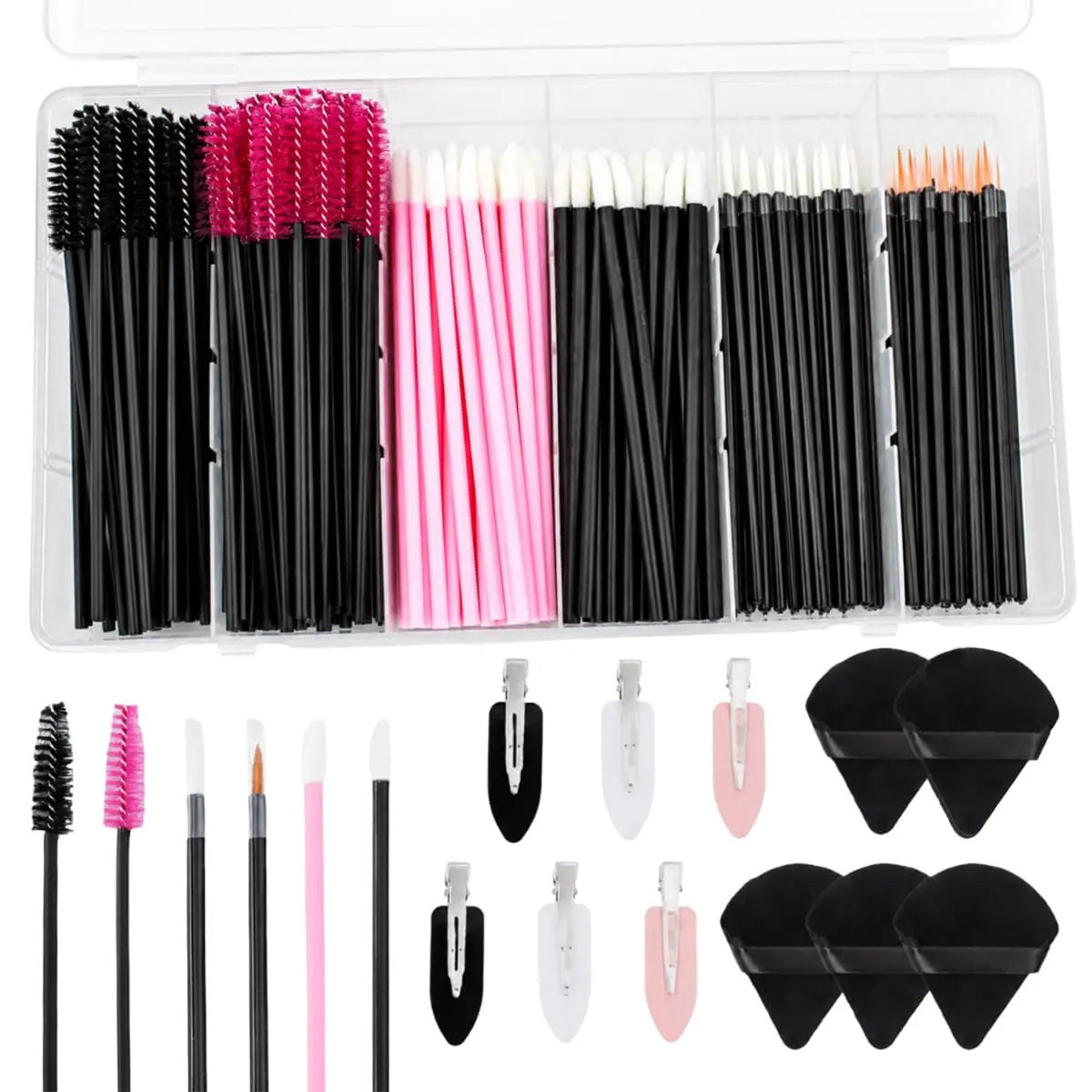 201pcs Disposable Makeup Applicators Kit - 80 Mascara Wands, 80 Lip Applicators, 30 Eyeliner Brushes, 5 Triangle Puffs, 6 Bobby Pins for Makeup Artists (Eyelash Extension & Beauty Tool Supplies)
