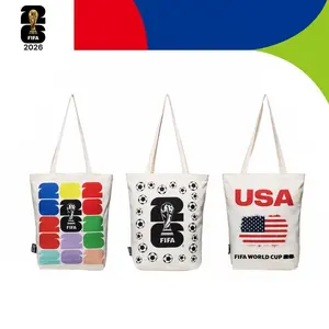 FIFA World Cup 26 Tote Bag, Official Licensed Cotton Canvas Shoulder Bag, Reusable Eco-Friendly Shopping Grocery Tote with Colorful 26 Print, Soccer Fan Gift for Men Women