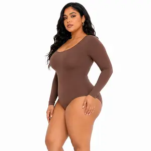 Long Sleeve Shapewear Bodysuit for Women Plus Size, Seamless Tummy Control Body Shaper, Sculpting Waist & Smoothing Back, Stretchy Compression Lingerie Top with Snap Closure
