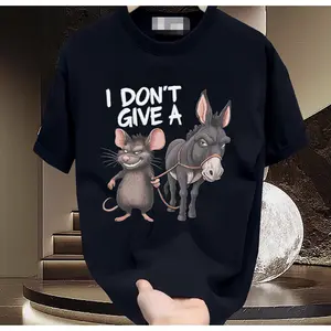 Funny "I Don't Care" Mouse and Donkey Graphic T-Shirt - 180g Cotton Vintage Loose Short Sleeve Crew Neck Casual T-Shirt, Machine Washable Humor Design