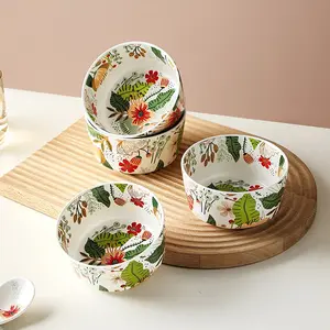 Floral Design Ceramic Dinnerware Bowl Set with Elegant Spoons, Modern Kitchen Farmhouse Style Tableware Dishwasher Safe, Perfect for Breakfast, Lunch, Salad, Snacks