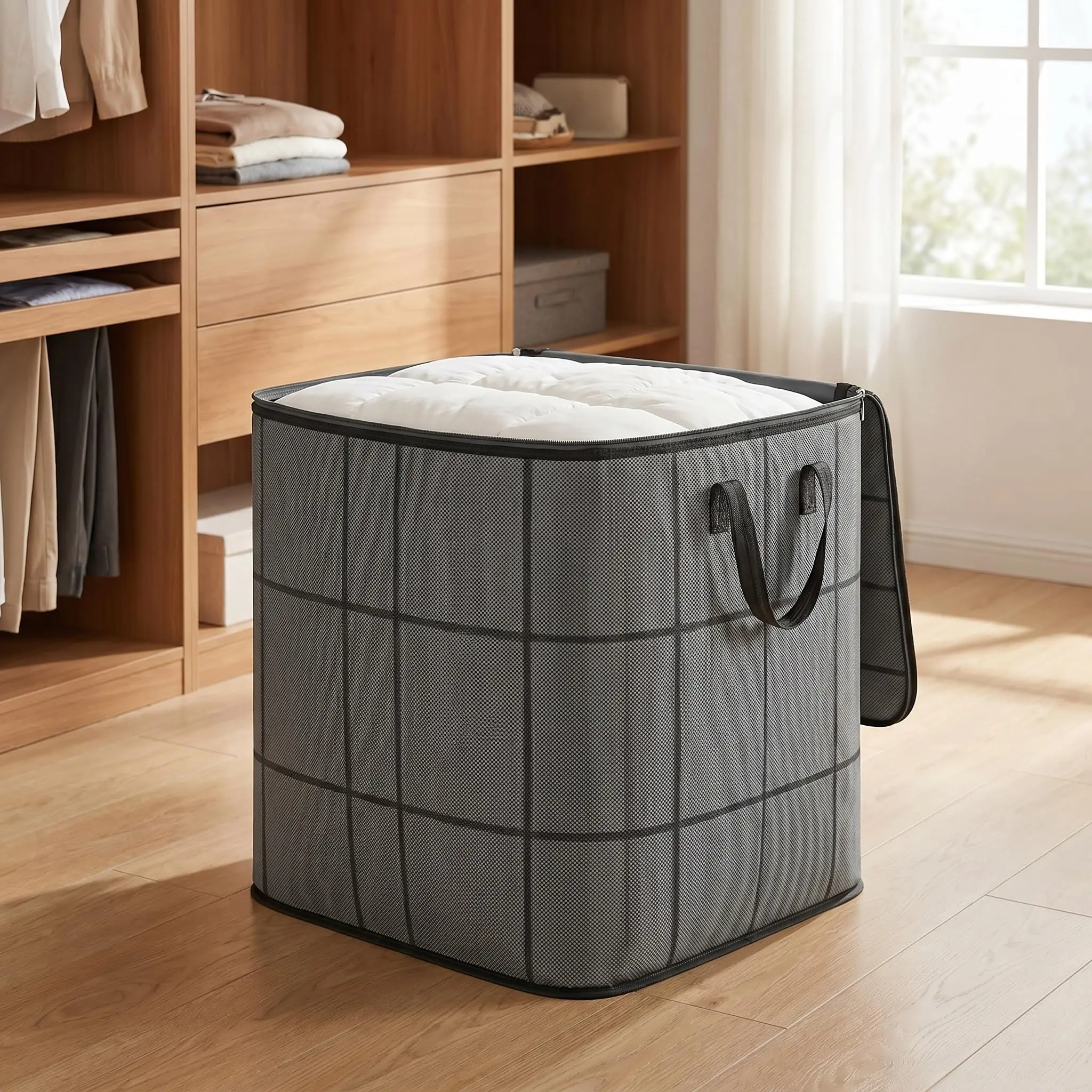 Extra Large Storage Bag for Quilts and Clothes, Durable Foldable Blanket Organizer with Zipper Closure and Carry Handles, Space Saving Under Bed Storage Container