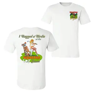 Hooters Golf Classic T-Shirt, I Bagged a Birdie Cartoon Girl Back Graphic Tee, Retro Golf Babe and Club Bag Design Shirt, Soft Cotton Blend Shirt, Funny Tournament Party Apparel for Men and Women