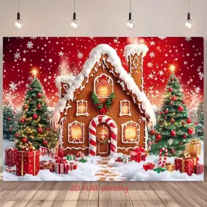 1pc 2D Flat Winter Christmas Backdrop Banner - Polyester Material, Snowy Gingerbread House, Tree & Presents Design, Party Ornaments for Holiday Celebrations, Festive Events