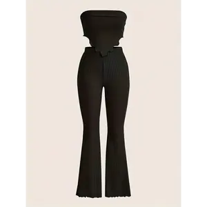 Chic Solid Color Ribbed Flare Pants & Hanky Hem Tube Top Outfit Set - Y2K/Grunge Inspired, lettuce Trim, Comfortable Casual Style for Trendsetting Women