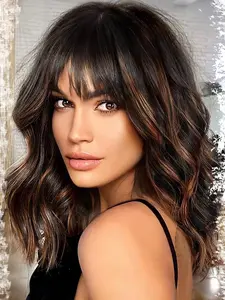 14 inch Black Mixed Brown Short Bob Wavy Wig with Bangs Synthetic Natural Heat Resistant Wig for Women Daily Party