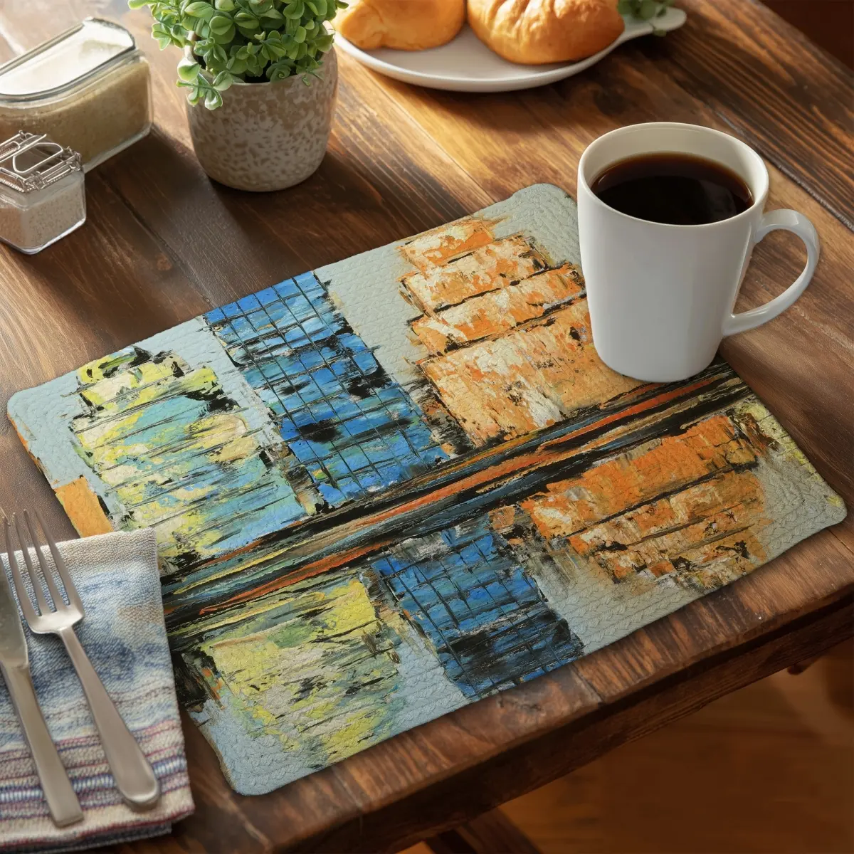 360 Stand 14x18 in. Modern Artistic Colorful Abstract City Reflections Placemat & Coasters Set of 4, Kitchenware, Cutlery & Tableware, Coasters Home Decor, Coasters For Drinks