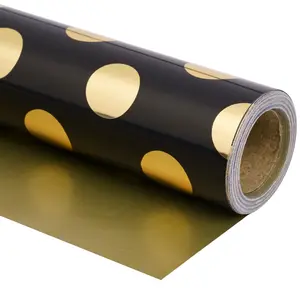Luxury Gold Reversible Gift Wrap Paper, Polka Dot and Solid, 43.2cm X 1000cm, Ideal for Birthday, Wedding, Holiday, DIY Decorations