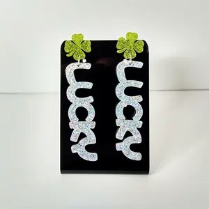 #376 Silver Glitter "Lucky" with Green Glitter Four Leaf Clover Stud Earrings, Casual, St. Patrick's Day, Irish, Luck, Acrylic