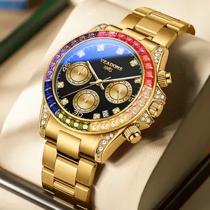 VEADONS Men's Business Fashion Rhinestone Decorated AnalogQuartz Watch Rainbow Crystal Chronograph Quartz Movement Luminous Date WaterResistant for Party Daily Wear Birthday Gift with Box