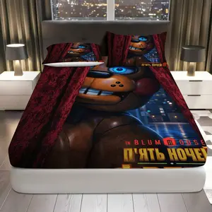 3Pcs Horror Game Character Night Scenery Fitted Sheet Three Piece Set (1*Fitted Sheet+2*Pillowcases, Coreless), Halloween theme, Five Nights Bedding Set, Mattress protector Soft, Breathable