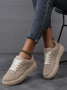 Women's Casual Patchwork Sneakers, Lightweight Breathable Low Top Shoes, Round Toe PU Leather, All Season Wear, Fashionable Daily