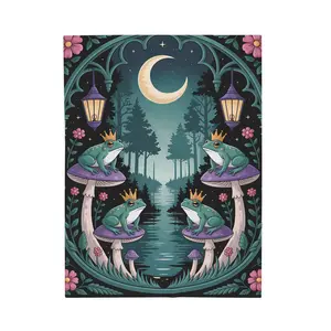 Whimsigoth Frog Prince Blanket | Velveteen Plush Throw with Moonlit Forest & Mushrooms | Cozy Gothic Fairy Tale Home Décor