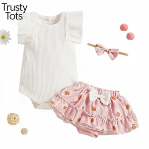 Trusty Tots  Baby Girls Summer Outfit Sets Ruffle Sleeve Ribbed Romper + Floral Culottes + Headband 2026 Summer Lace cod Set New Style Sweet Slim-fit Fashion Vest Lace Children Summer New