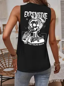 Women's Skull Print Sleeveless Vest, Summer Everyday Fashion Comfortable Design Style, Breathable Soft Fabric, Casual Round Neck Backless Top