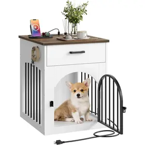 Crate Furniture, Wooden  House with  Station and Storage Drawer, Indoor Pet Crate End Table for Small Breeds,  Kennel for Living Room, Bedroom, White and Walnut MGW01UWL