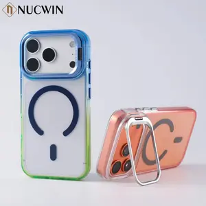 Gradient Transparent Two Colors Magnetic Bracket Phone Case for iPhone 17 16 15 14 13 Pro Max Plus 16E 17 Air Camera Stand Cover